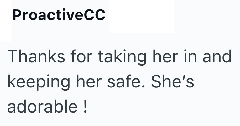 ProactiveCC Thanks for taking her in and keeping her safe. She's adorable !
