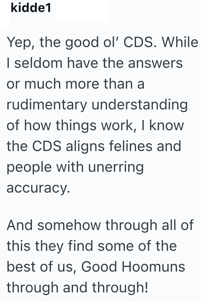 kidde1 Yep, the good ol' CDS. While I seldom have the answers or much more than a rudimentary understanding of how things work, I know the CDS aligns felines and people with unerring accuracy. And somehow through all of this they find some of the best of us, Good Hoomuns. through and through!