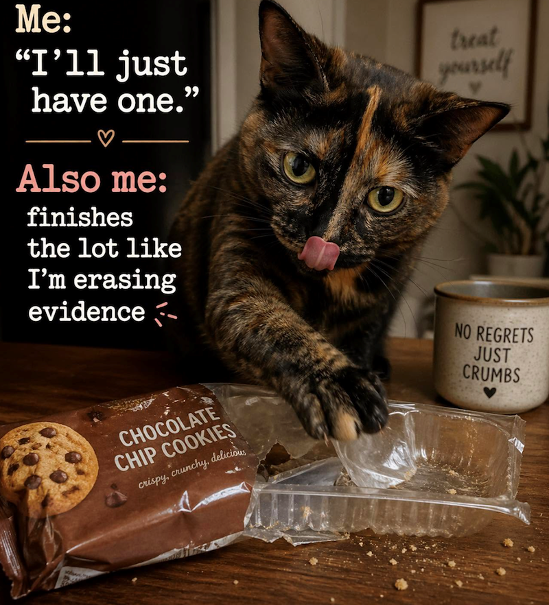 Me: "I'll just have one." ♡ Also me: finishes the lot like I'm erasing evidence CHOCOLATE CHIP COOKIES crispy, crunchy, delicious 6 treat yourself NO REGRETS JUST CRUMBS