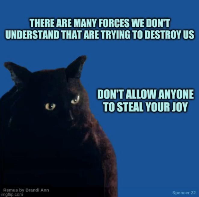 THERE ARE MANY FORCES WE DON'T UNDERSTAND THAT ARE TRYING TO DESTROY US DON'T ALLOW ANYONE TO STEAL YOUR JOY Remus by Brandi Ann imgflip.com Spencer 22