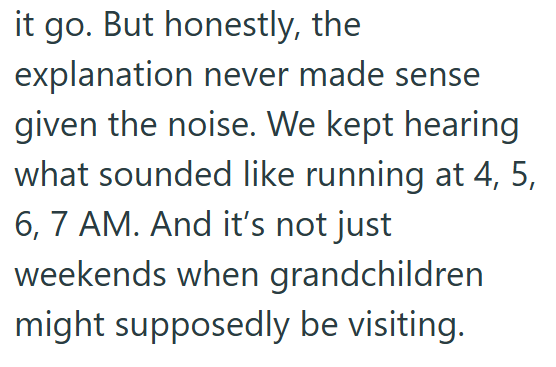 it go. But honestly, the explanation never made sense given the noise. We kept hearing what sounded like running at 4, 5, 6, 7 AM. And it's not just weekends when grandchildren might supposedly be visiting.