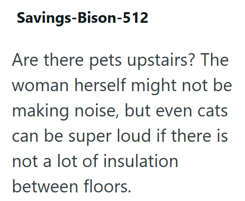Savings-Bison-512 Are there pets upstairs? The woman herself might not be making noise, but even cats can be super loud if there is not a lot of insulation between floors.