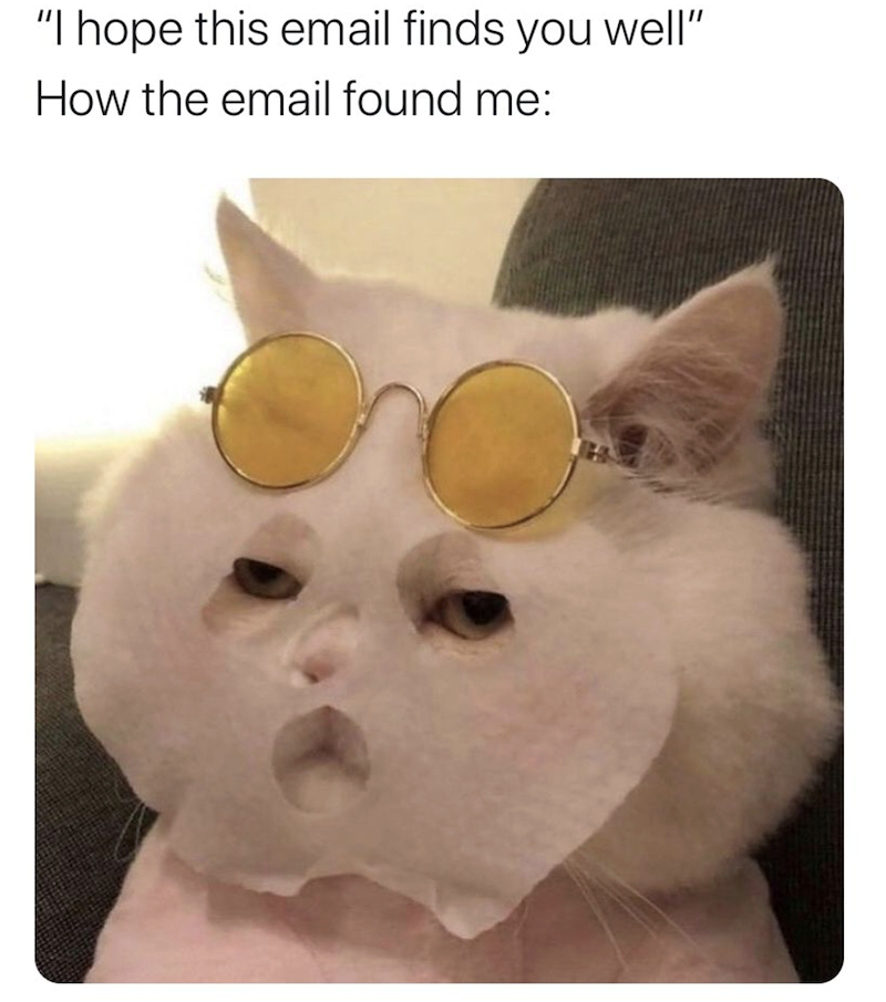 "I hope this email finds you well" How the email found me: