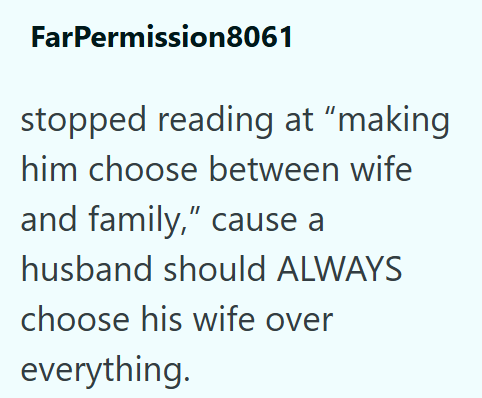 FarPermission8061 stopped reading at "making him choose between wife and family," cause a husband should ALWAYS choose his wife over everything.