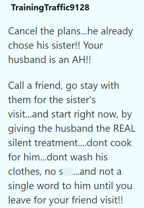 Training Traffic9128 Cancel the plans...he already chose his sister!! Your husband is an AH!! Call a friend, go stay with them for the sister's visit...and start right now, by giving the husband the REAL silent treatment....dont cook for him...dont wash his clothes, no s...and not a single word to him until you leave for your friend visit!!