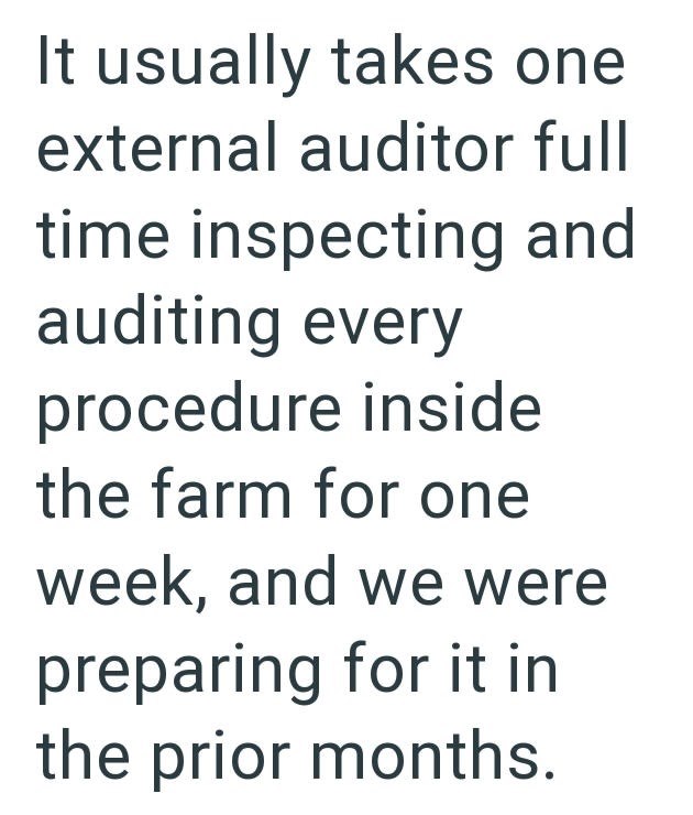 It usually takes one external auditor full time inspecting and auditing every procedure inside the farm for one week, and we were preparing for it in the prior months.