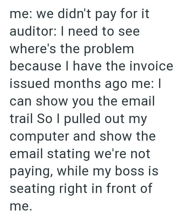 me: we didn't pay for it auditor: I need to see where's the problem because I have the invoice issued months ago me: I can show you the email trail So I pulled out my computer and show the email stating we're not paying, while my boss is seating right in front of me.