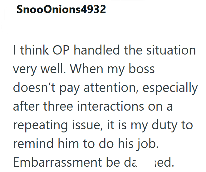 SnooOnions4932 I think OP handled the situation very well. When my boss doesn't pay attention, especially after three interactions on a repeating issue, it is my duty to remind him to do his job. Embarrassment be da ed.