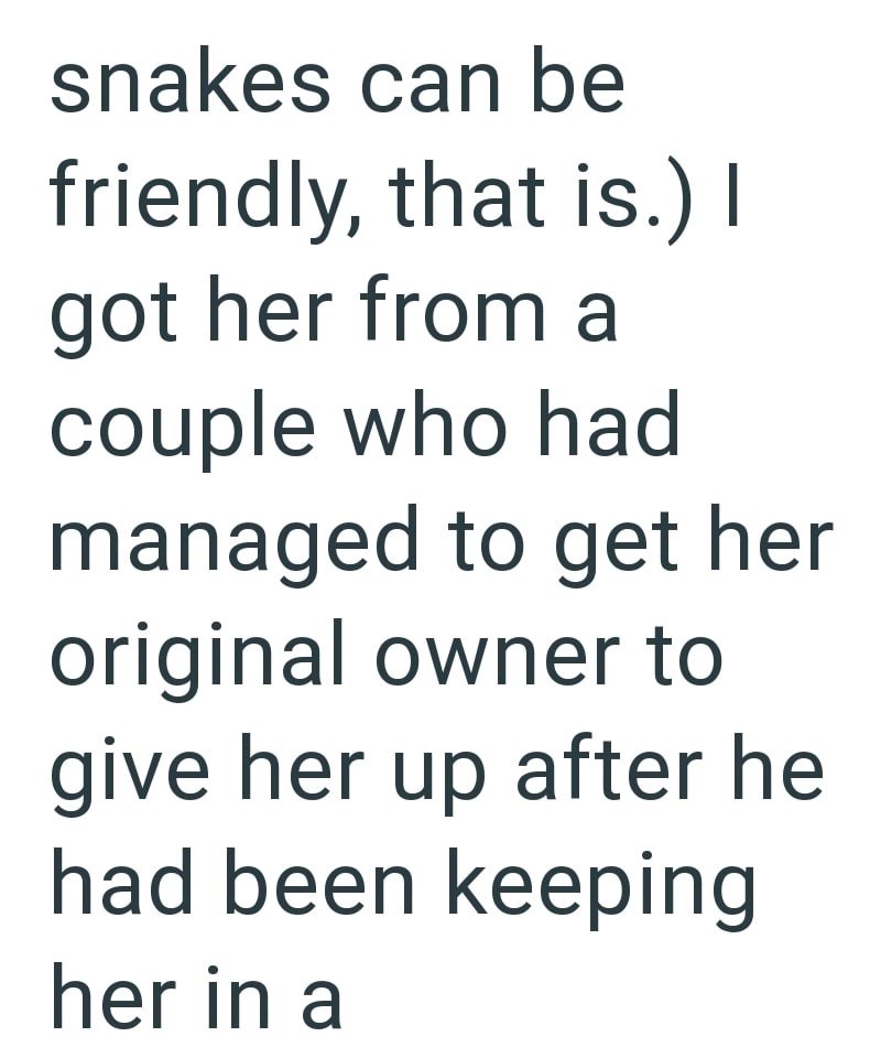 snakes can be friendly, that is.) I got her from a couple who had managed to get her original owner to give her up after he had been keeping her in a