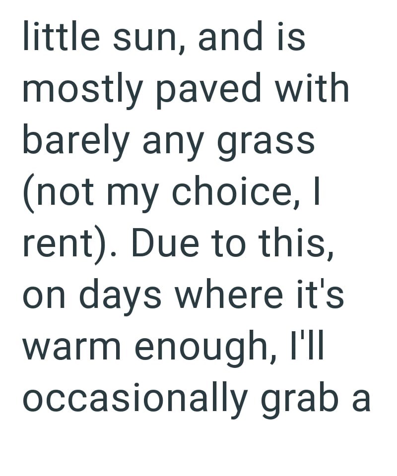 little sun, and is mostly paved with barely any grass (not my choice, I rent). Due to this, on days where it's warm enough, I'll occasionally grab a