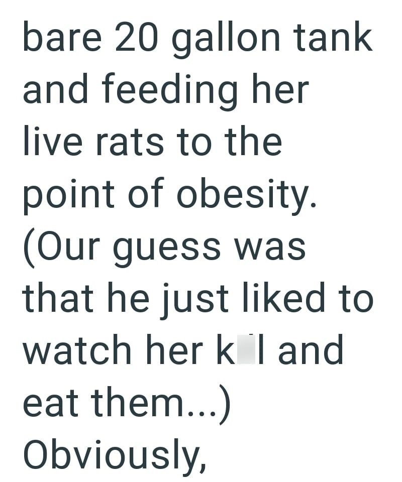 bare 20 gallon tank and feeding her live rats to the point of obesity. (Our guess was that he just liked to watch her k l and eat them...) Obviously,