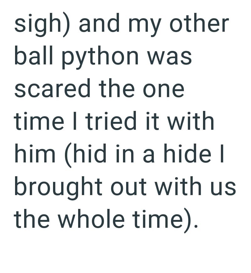 sigh) and my other ball python was scared the one time I tried it with him (hid in a hide I brought out with us the whole time).