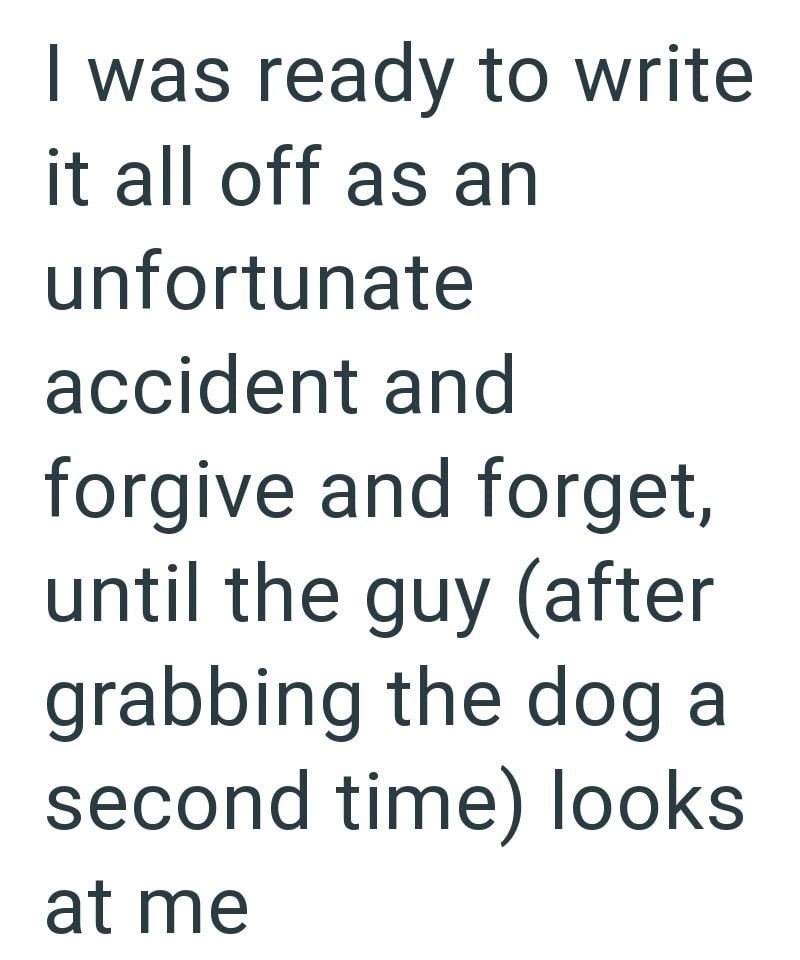 I was ready to write it all off as an unfortunate accident and forgive and forget, until the guy (after grabbing the dog a second time) looks at me
