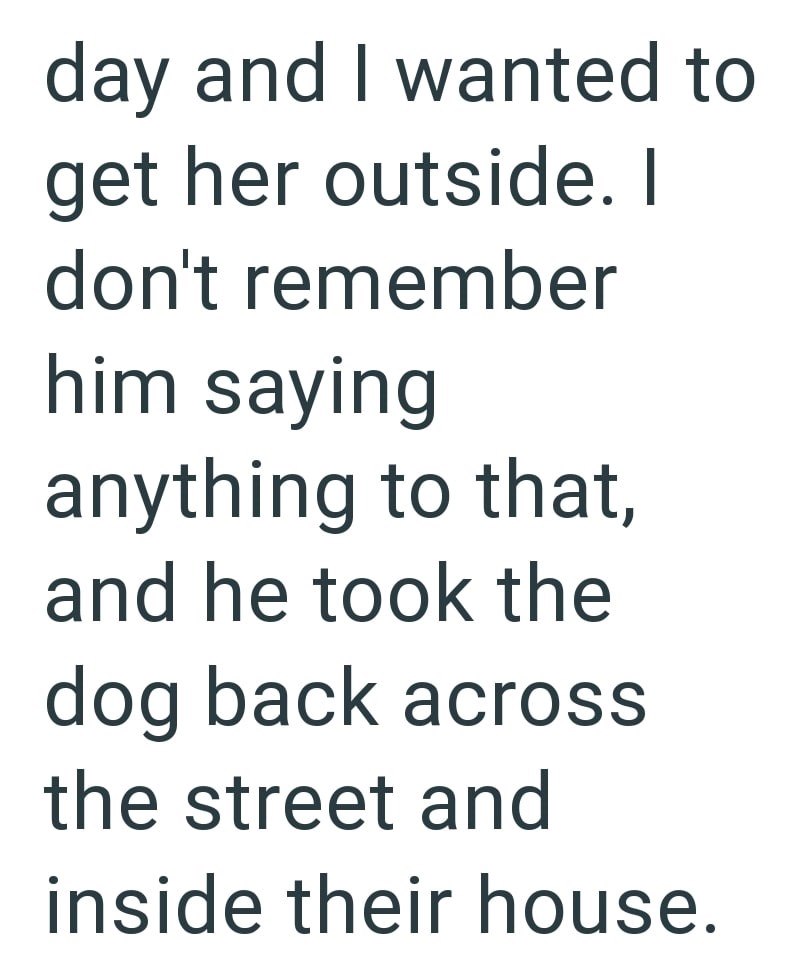 day and I wanted to get her outside. I don't remember him saying anything to that, and he took the dog back across the street and inside their house.