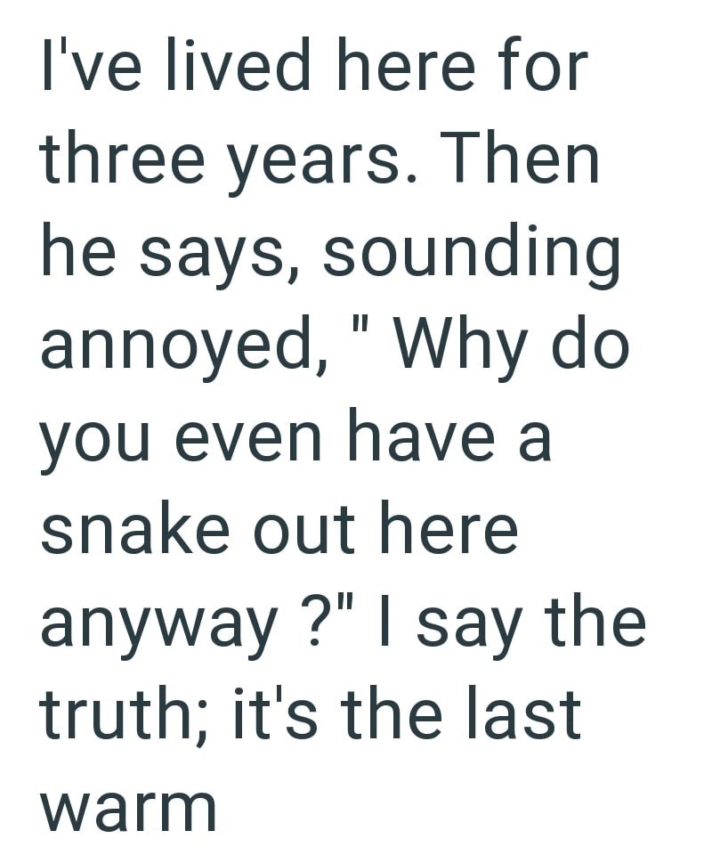 I've lived here for three years. Then he says, sounding annoyed, "Why do you even have a snake out here anyway?" I say the truth; it's the last warm