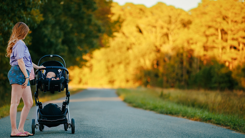 A woman pushes a stroller with a baby in it down a country road.