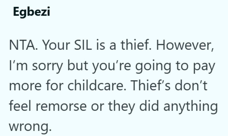 Egbezi NTA. Your SIL is a thief. However, I'm sorry but you're going to pay more for childcare. Thief's don't feel remorse or they did anything wrong.