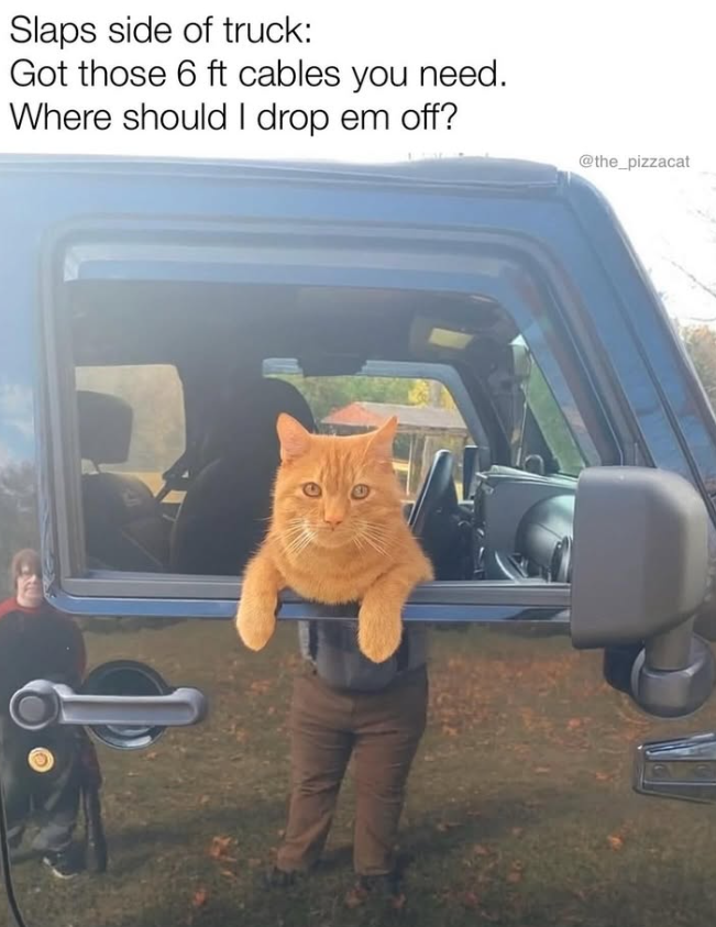Slaps side of truck: Got those 6 ft cables you need. Where should I drop em off? @the_pizzacat