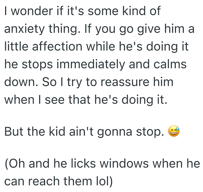 I wonder if it's some kind of anxiety thing. If you go give him a little affection while he's doing it he stops immediately and calms down. So I try to reassure him when I see that he's doing it. But the kid ain't gonna stop. (Oh and he licks windows when he can reach them lol)