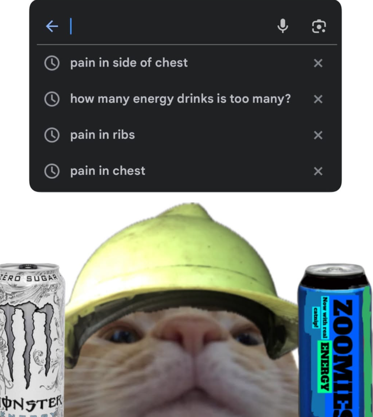 ← | pain in side of chest how many energy drinks is too many? pain in ribs ZERO SUGAR pain in chest ONSTER × Now with real ENERGY ZOOMIES catnip!