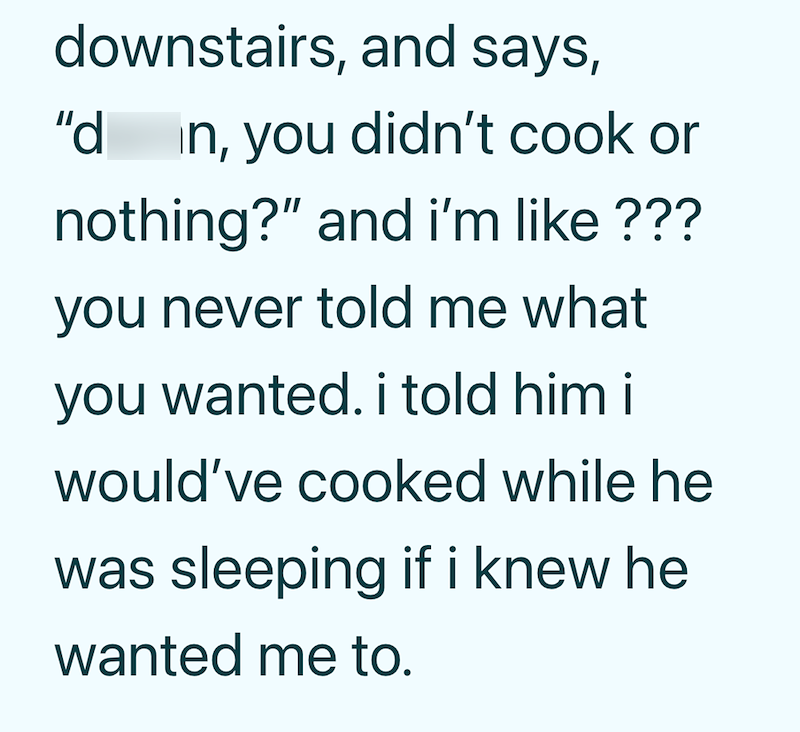 downstairs, and says, "d in, you didn't cook or nothing?" and i'm like ??? you never told me what you wanted. i told him i would've cooked while he was sleeping if i knew he wanted me to.