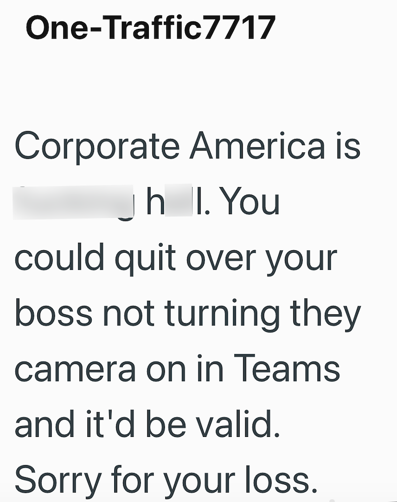 One-Traffic7717 Corporate America is h I. You could quit over your boss not turning they camera on in Teams and it'd be valid. Sorry for your loss.