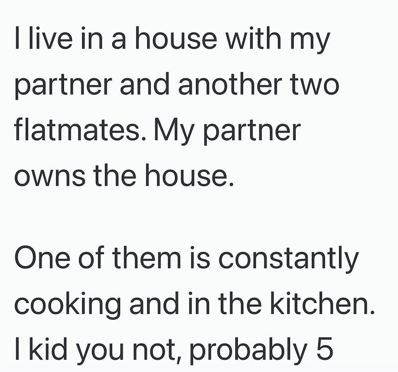 I live in a house with my partner and another two flatmates. My partner owns the house. One of them is constantly cooking and in the kitchen. I kid you not, probably 5