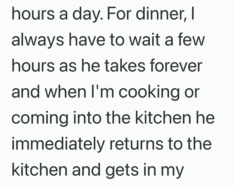 hours a day. For dinner, I always have to wait a few hours as he takes forever and when I'm cooking or coming into the kitchen he immediately returns to the kitchen and gets in my