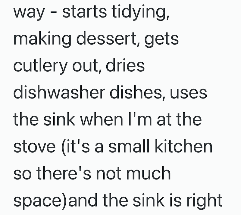 way - starts tidying, making dessert, gets cutlery out, dries dishwasher dishes, uses the sink when I'm at the stove (it's a small kitchen so there's not much space) and the sink is right