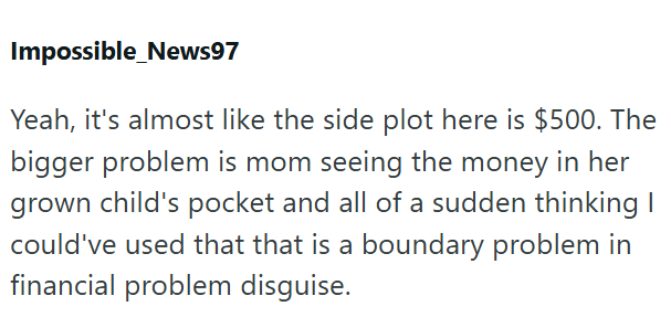 Impossible_News97 Yeah, it's almost like the side plot here is $500. The bigger problem is mom seeing the money in her grown child's pocket and all of a sudden thinking I could've used that that is a boundary problem in financial problem disguise.