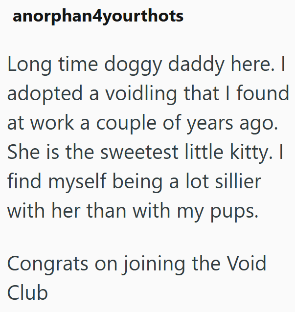 anorphan4yourthots Long time doggy daddy here. I adopted a voidling that I found at work a couple of years ago. She is the sweetest little kitty. I find myself being a lot sillier with her than with my pups. Congrats on joining the Void Club