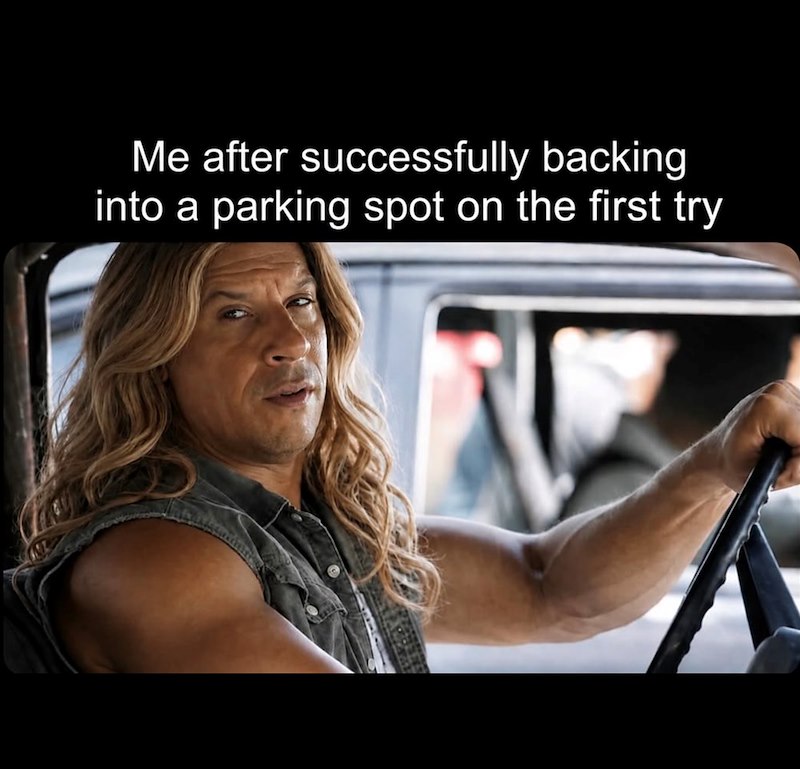 Me after successfully backing into a parking spot on the first try