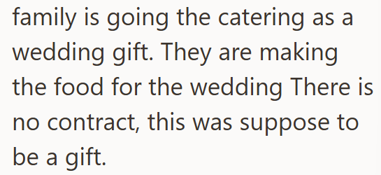 family is going the catering as a wedding gift. They are making the food for the wedding There is no contract, this was suppose to be a gift.