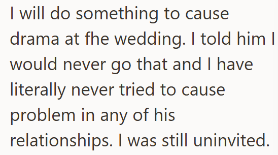 I will do something to cause drama at fhe wedding. I told him I would never go that and I have literally never tried to cause problem in any of his relationships. I was still uninvited.