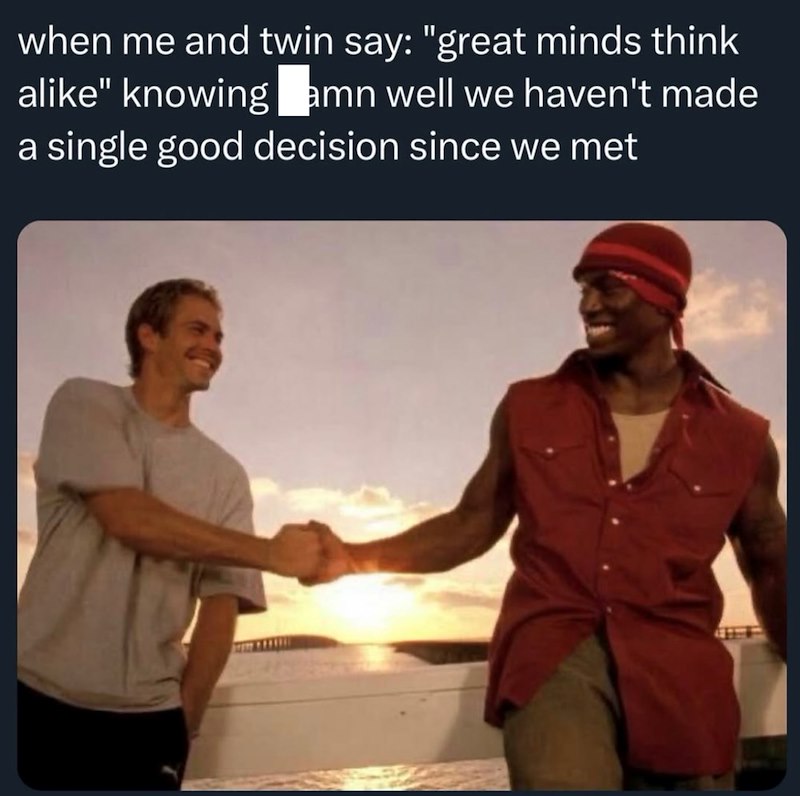 when me and twin say: "great minds think alike" knowing amn well we haven't made a single good decision since we met