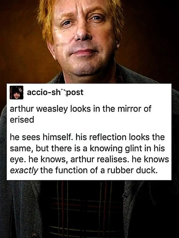 accio-sh post arthur weasley looks in the mirror of erised he sees himself. his reflection looks the same, but there is a knowing glint in his eye. he knows, arthur realises. he knows exactly the function of a rubber duck.