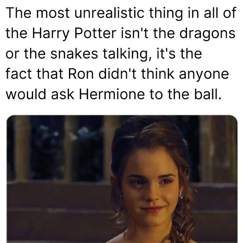 The most unrealistic thing in all of the Harry Potter isn't the dragons or the snakes talking, it's the fact that Ron didn't think anyone would ask Hermione to the ball.