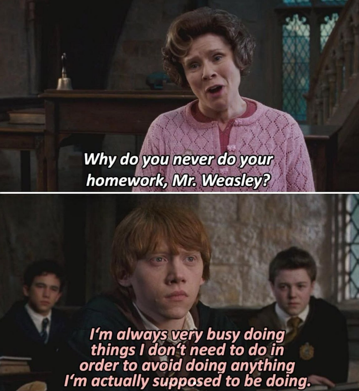 Why do you never do your homework, Mr. Weasley? I'm always very busy doing things I don't need to do in order to avoid doing anything I'm actually supposed to be doing.