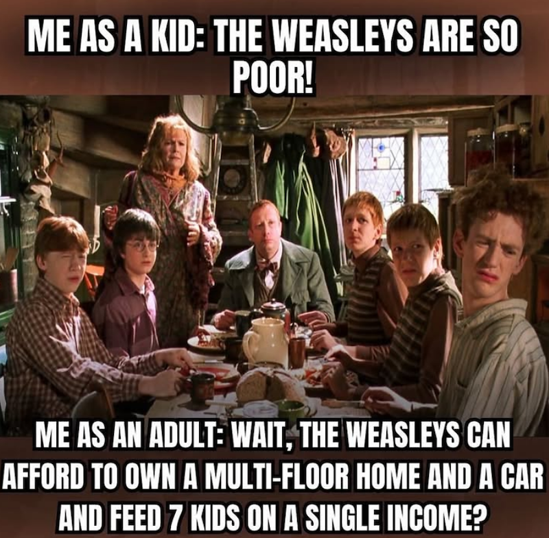 ME AS A KID: THE WEASLEYS ARE SO POOR! ME AS AN ADULT: WAIT, THE WEASLEYS CAN AFFORD TO OWN A MULTI-FLOOR HOME AND A CAR AND FEED 7 KIDS ON A SINGLE INCOME?