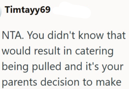Timtayy69 NTA. You didn't know that would result in catering being pulled and it's your parents decision to make