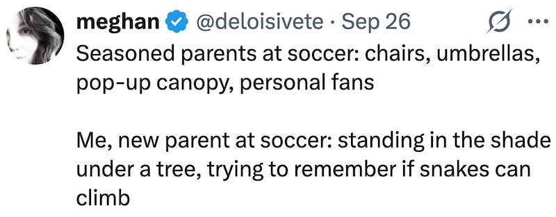 • meghan @deloisivete Sep 26 ... Seasoned parents at soccer: chairs, umbrellas, pop-up canopy, personal fans Me, new parent at soccer: standing in the shade under a tree, trying to remember if snakes can climb