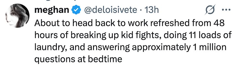 meghan @deloisivete 13h About to head back to work refreshed from 48 hours of breaking up kid fights, doing 11 loads of laundry, and answering approximately 1 million questions at bedtime