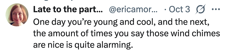 Late to the part... @ericamor... Oct 3 Ø • One day you're young and cool, and the next, the amount of times you say those wind chimes are nice is quite alarming.