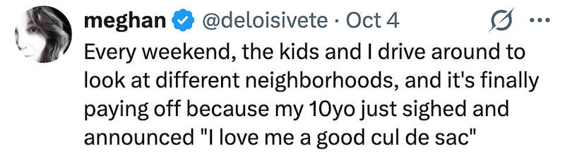 meghan @deloisivete Oct 4 • ... Every weekend, the kids and I drive around to look at different neighborhoods, and it's finally paying off because my 10yo just sighed and announced "I love me a good cul de sac"
