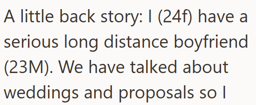 A little back story: I (24f) have a serious long distance boyfriend (23M). We have talked about weddings and proposals so I