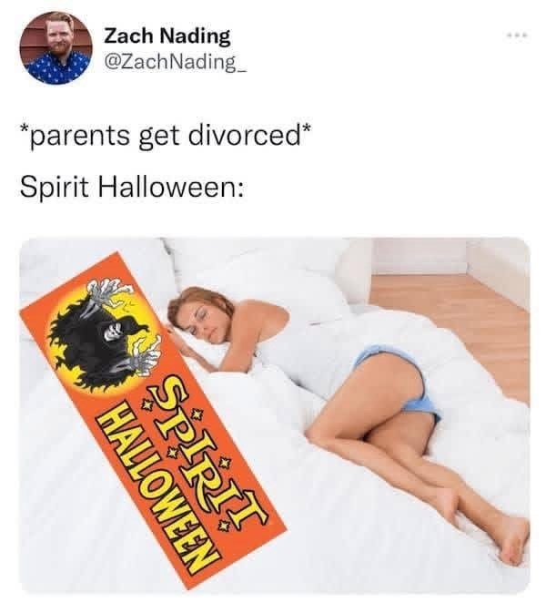 Zach Nading @ZachNading *parents get divorced* Spirit Halloween: HALLOWEEN SPIRIT