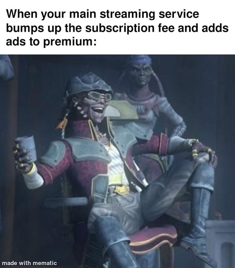 When your main streaming service bumps up the subscription fee and adds ads to premium: made with mematic