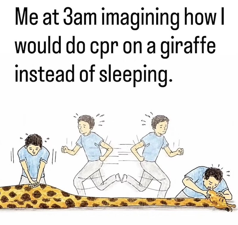 Me at 3am imagining how I would do cpr on a giraffe instead of sleeping.
