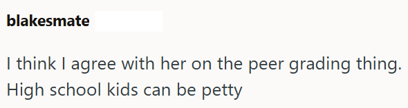 blakesmate I think I agree with her on the peer grading thing. High school kids can be petty