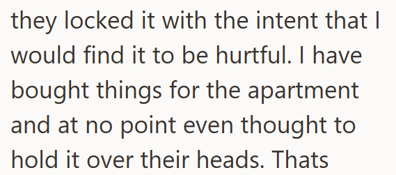 they locked it with the intent that I would find it to be hurtful. I have bought things for the apartment and at no point even thought to hold it over their heads. Thats